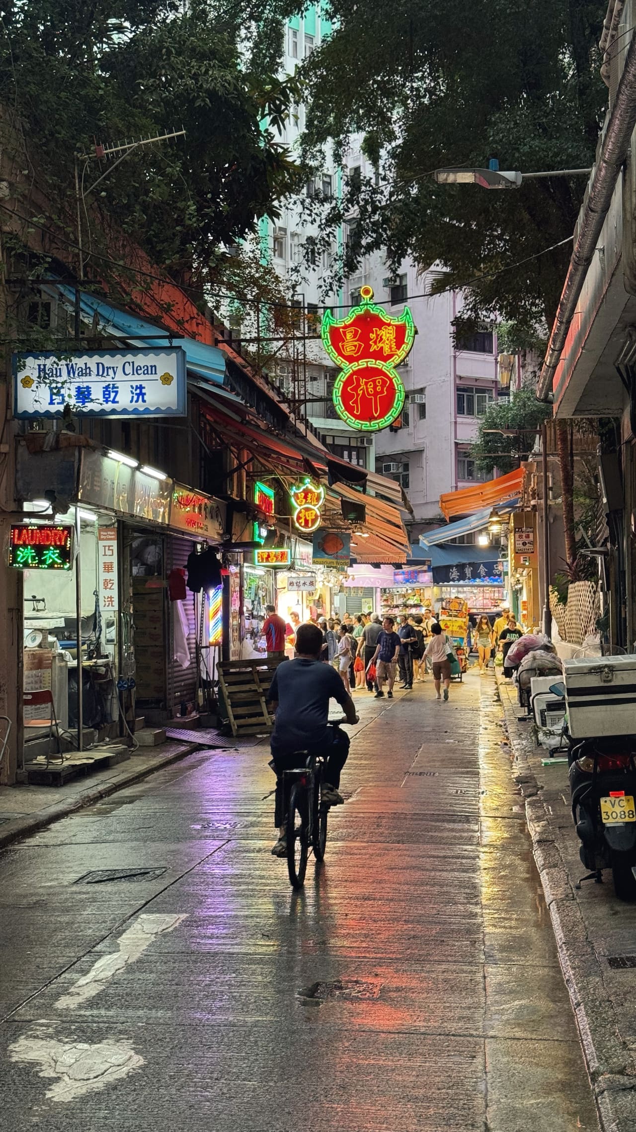 A wet lane at dusk lit by neon signs, a man cycling towards a busy market street